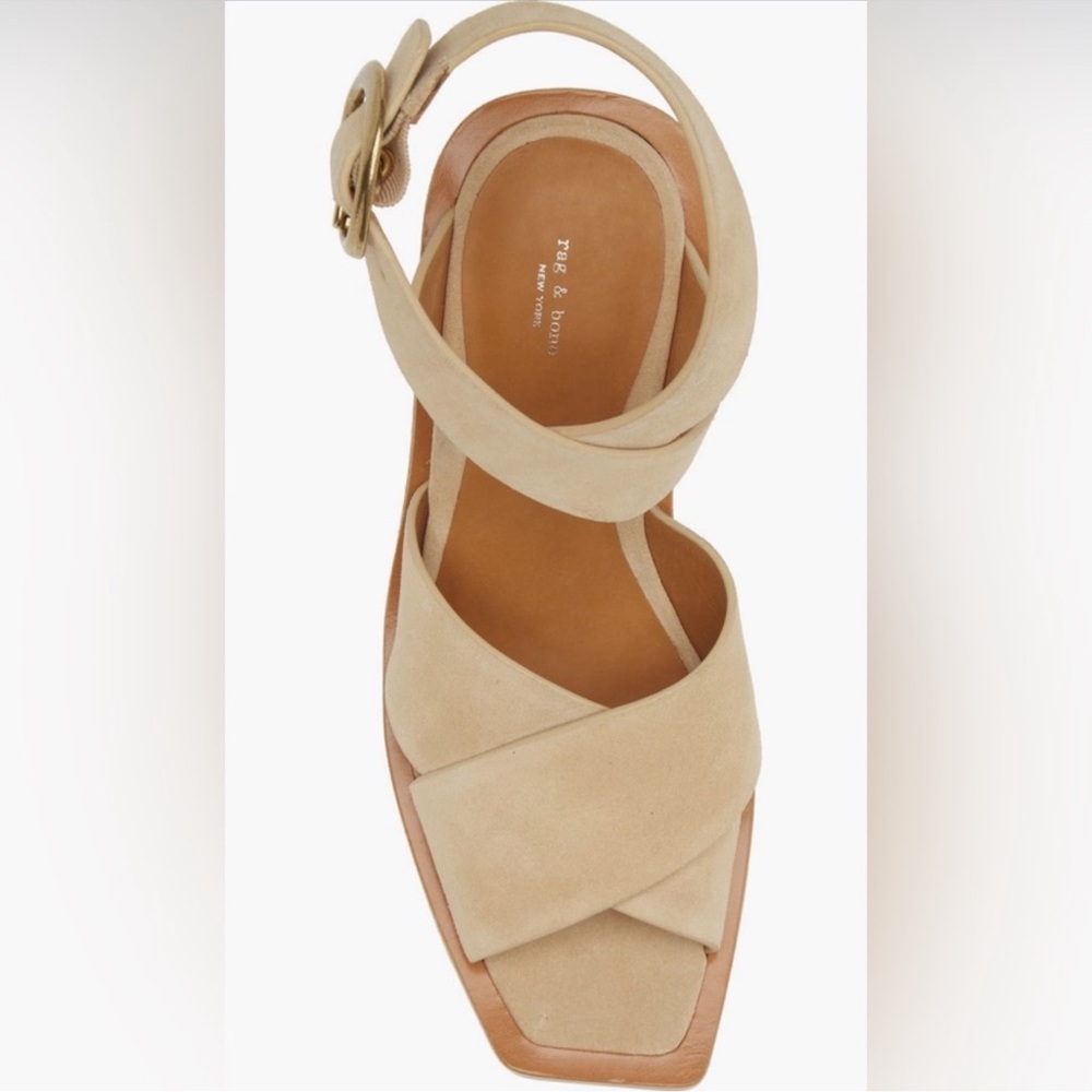 New! Rag & Bone Santiago Crisscross Wood Wedge Sandals Tan Suede Strap - Picture 5 of 11